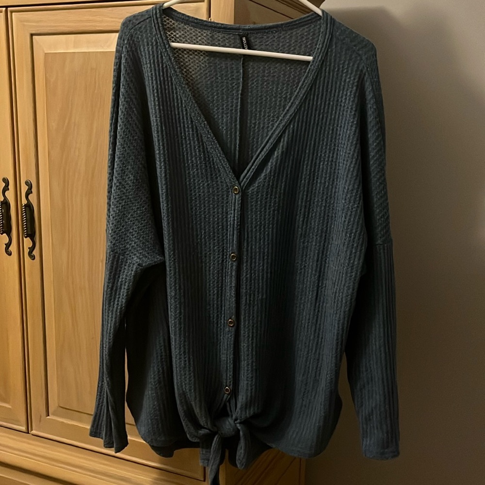 WOMENS KNIT RIBBED BLUE LONG SLEEVE TOP THAT TIES